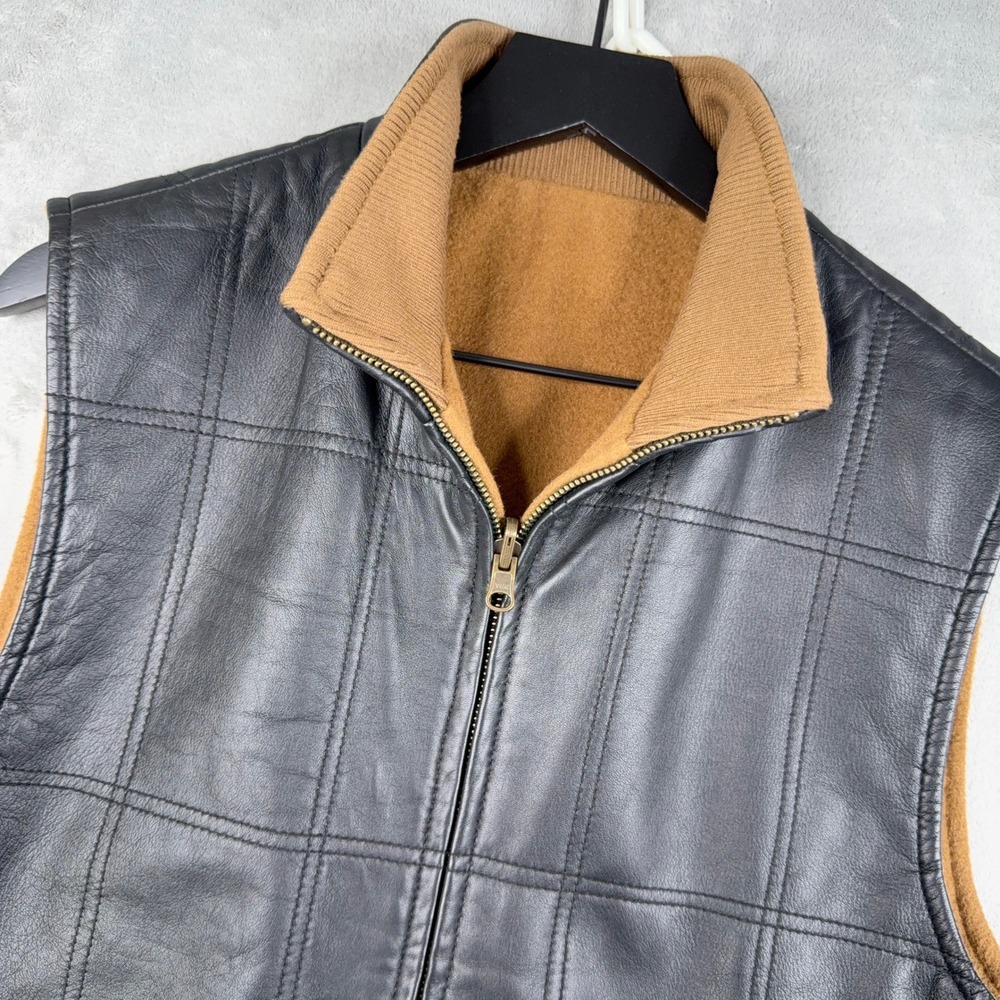 Bullock & Jones Leather Vest Full Zip Quilted Black Wool Cashmere Lined Mens M